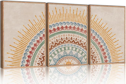 HPINUB Boho Sun Framed Canvas Wall Art Set, Mid-Century Modern Wall Decor, Minimalism Bohemian Wall Painting, Abstract Geometric Pattern Art Print for Living Room, Bedroom, Office - 16"x24"x3
