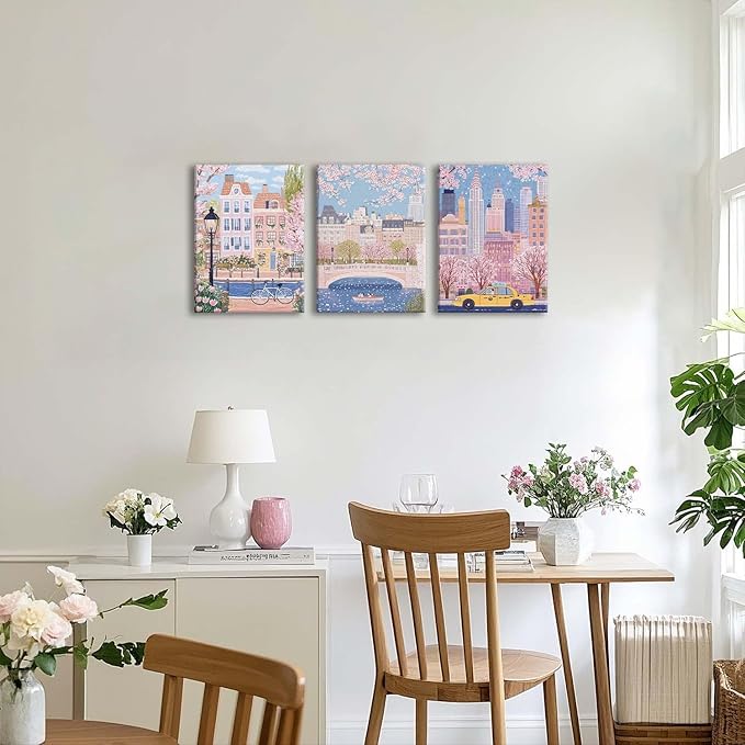 XLARTMY Watercolor City Landscape Travel Wall Art Canvas Framed Pink Cherry Flower Poster Girly Prints Painting Pictures Set of 3 for Bedroom Living Room Office 12x16in