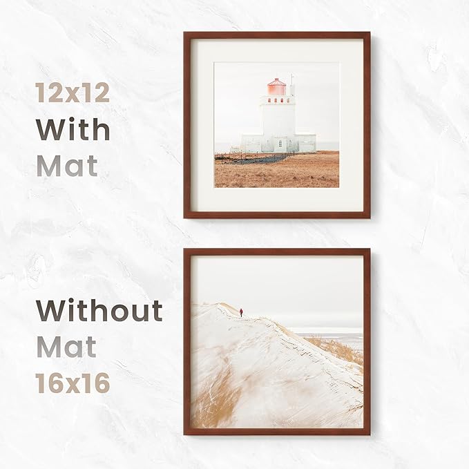 16x16 Picture Frame, USA-Sourced Natural Mahogany Wood Photo Collage Frame with HD Tempered Glass, Modern Simple 16 x 16 Wooden Frame Matted to 12x12, Gallery Wall Frames for Art