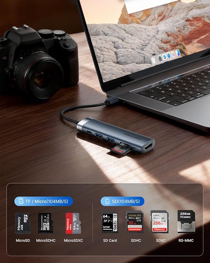 VENTION 6-in-1 USB C Docking Station for Mobile Office, 100W PD Charging Hub for MacBook Pro/Laptop, Portable Adapter with 4K HDMI, USB 3.0 Data Transfer, SD Card Reader & Aluminum Body