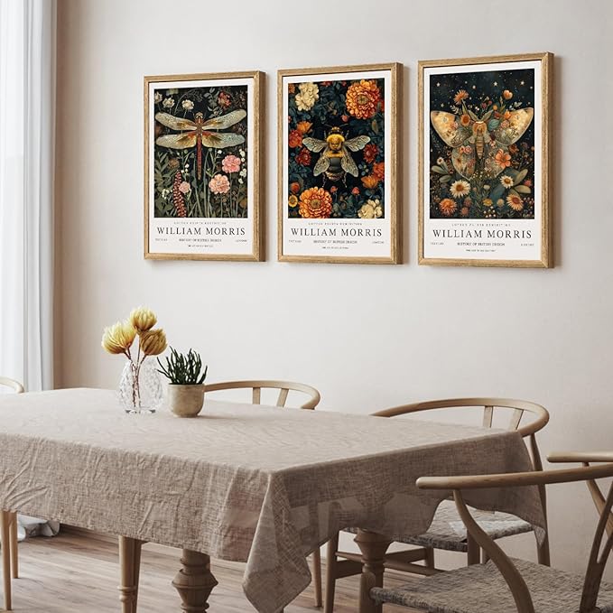 Hianan William Morris Animal Botanical Canvas Wall Art, Vintage Dragonfly Bee Butterfly Poster Prints, Maximalist Nature Flower Aesthetic Pictures for Living Room Bedroom Wood Framed 16"x24"x3