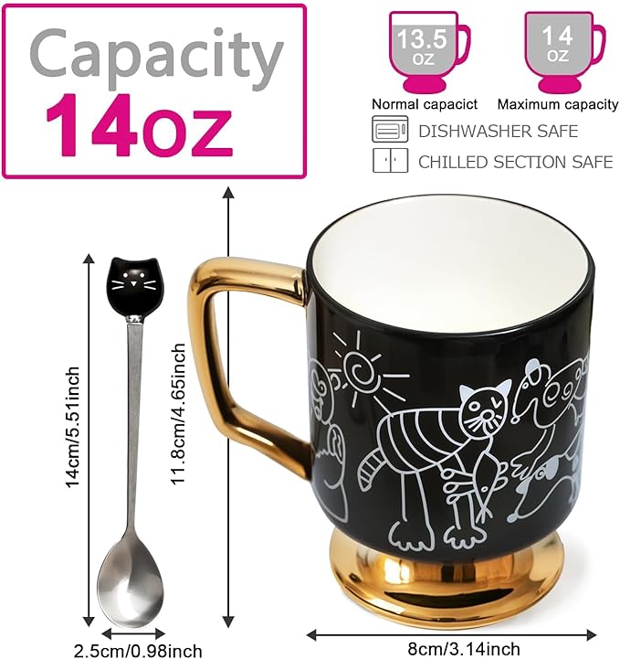 Christmas Mugs Whimsical Animal Ceramic fun Coffee Mug – 14oz Childlike Hand-Drawn Cat, Dog & Bear Design – Cute gothic Coffee Cup Gift for Women, Girls, Kids (Black)