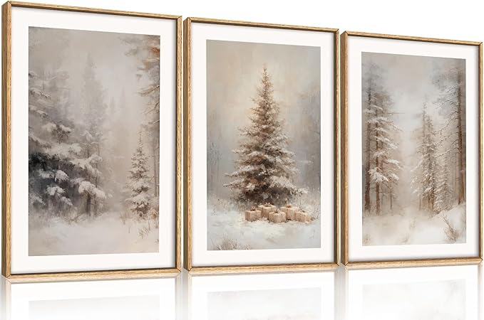 Winter Snowy Forest Landscape Framed Canvas Wall Art Set,Modern Woodland Frosty Scenery Wall Decor,Nature Snow Covered Pine Tree Botanical Artwork for Living Room, Bedroom,Farmhouse- 24"x36"x3