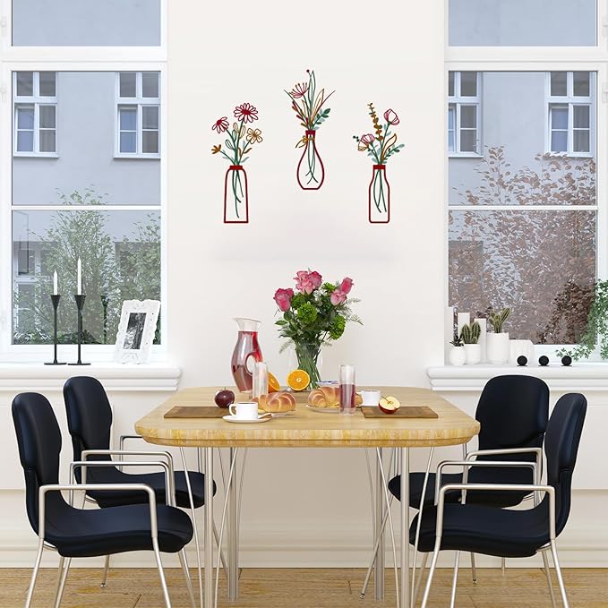 3 Pieces Metal Vase Flowers Wall Arts - Rustic Farmhouse Style Décor Metal Wall Art Black Minimalist Flower Natural Themed Wall Decors for Home Bedroom Dining Room Housewarming (Red, Vase-C)