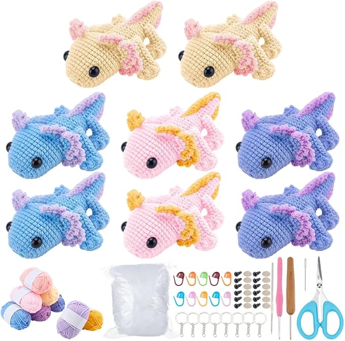 ACRNIGHEET Crochet Kit for Beginners 8 Pcs Axolotl Keychain Crochet Kit Kinitting Kits for Beginners Adults Amigurumi Keychain Crafts for Bag Ornament with Step-by-Step Video Tutorials