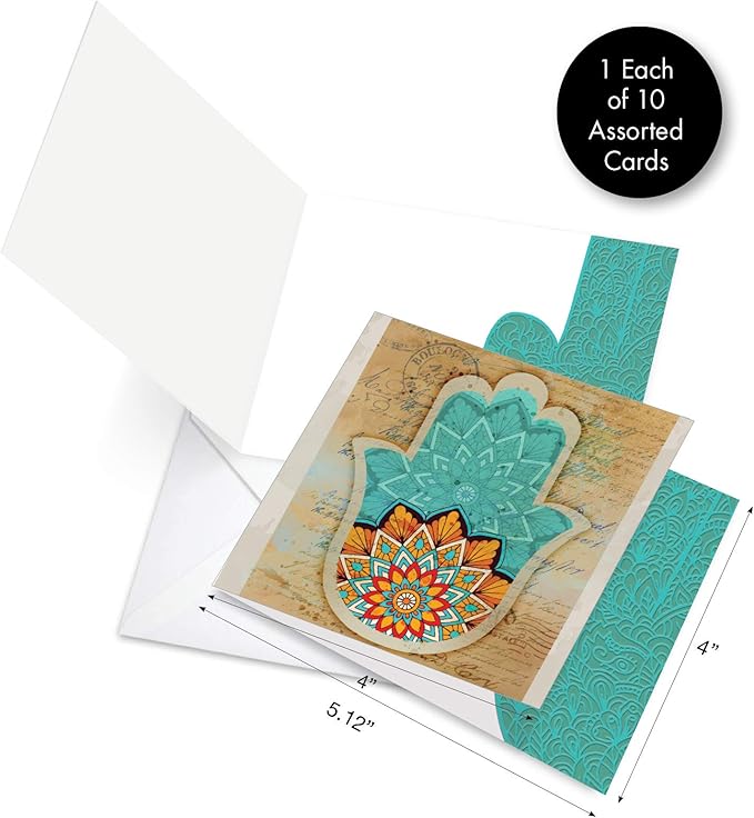 The Best Card Company - 10 Blank Note Cards Assortment for Men and Women (4 x 5.12 Inch) - Zen Patterns and Symbols, Bulk Boxed Set - Hamsa MQ5204OCB-B1x10