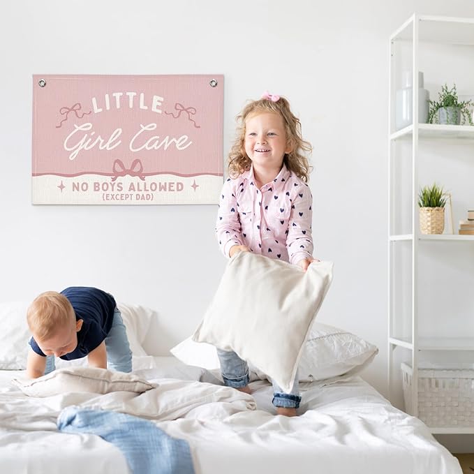 Coquette Pink Bow Little Preppy Room Decor - Linen Banner Wall Hanging Canvas Banner Flag Decor for Girls Nursery Toddler Playroom Bedroom Dorm Apartment