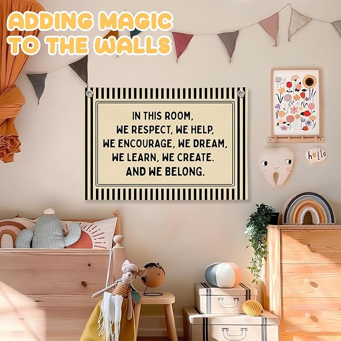 Classroom Decor, Retro Classroom Wall Hanging Canvas Banner Prints, in This Room We Respect Help Striped Wall Art Decor for Kids Nursery Toddler Room Bedroom Playroom, 30x20 Inch