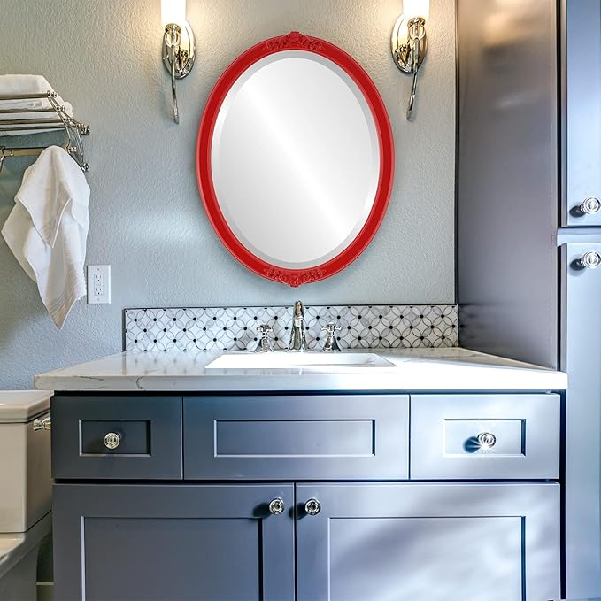 OVALCREST Oval Beveled Wall Mirror for Home Decor - Athena Style - Holiday Red - 26" x 22" Outside Dimensions