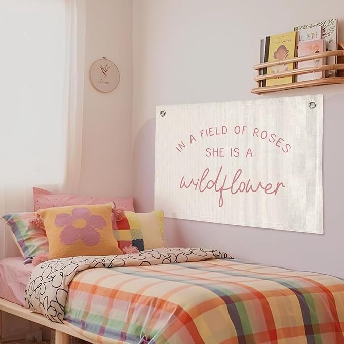 Wildflower Nursery Decor, Girls Room Decor - In a Field Full of Roses She Is a Wildflower Pink Linen Banner Flag for Little Girl Baby Girl - Pink