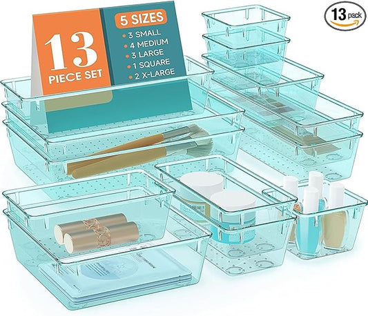 13 PCS Clear Plastic Drawer Organizers Set, 4 Size Desk Drawer Organizer Trays for Makeup, Jewelry, Kitchen Utensils, Gadgets and Office Accessories, Sea Blue