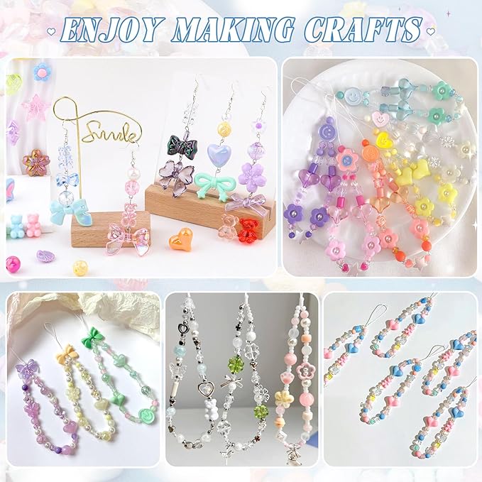 210-270PCS TINKRSTUFF Assorted Acrylic Beads, 4 Colors Mixed Cute Beads for Bracelet Making, Bow Flower GummyBear Kawaii Charms, Aesthetic Bead for Necklace Keychain Jewelry Making DIY Phone Charm