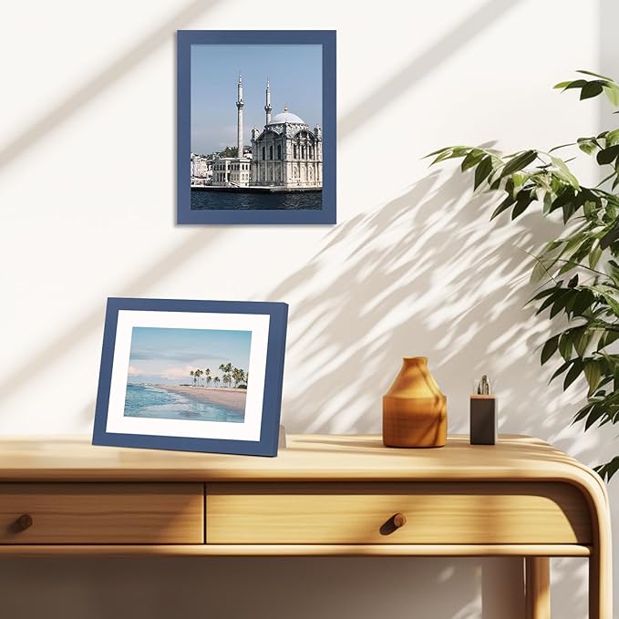 8x10 Picture Frame Set of 9, Display Pictures 5x7 with Mat or 8 x 10 Without Mat, Multi Photo Frames for Wall Mounting or Table Top Display, Blue