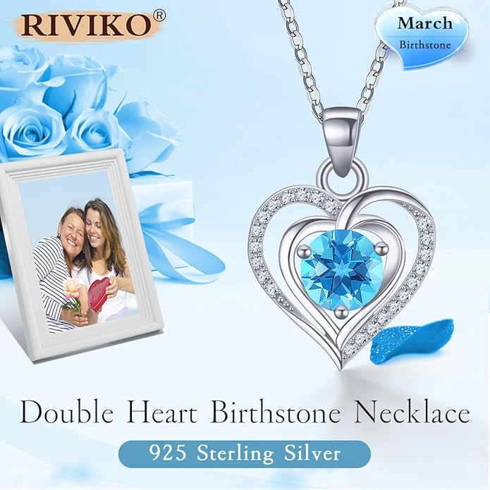 RIVIKO Heart Birthstone Pendant Necklace for Women 925 Sterling Silver Zirconia Necklaces Wedding Anniversary Birthday Mothers Day Jewelry Gifts For Her Mother Wife