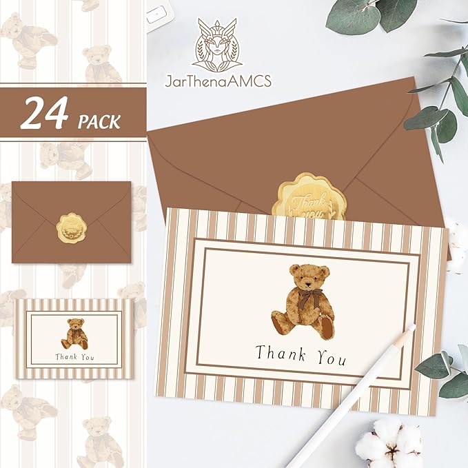 JarThenaAMCS 24 Pack Bear Thank You Cards Greeting Cards Brown Stripe Bear Blank Note Card with Envelopes Stickers for Birthday Baby Shower Party Supplies, 4 x 6 Inch