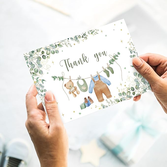 24 Pack Greenery Baby Shower Thank You Cards Bulk Eucalyptus Leaves Greeting Cards with Envelopes Stickers Blank Note Cards for Birthday Party Supplies, 4 x 6 Inch
