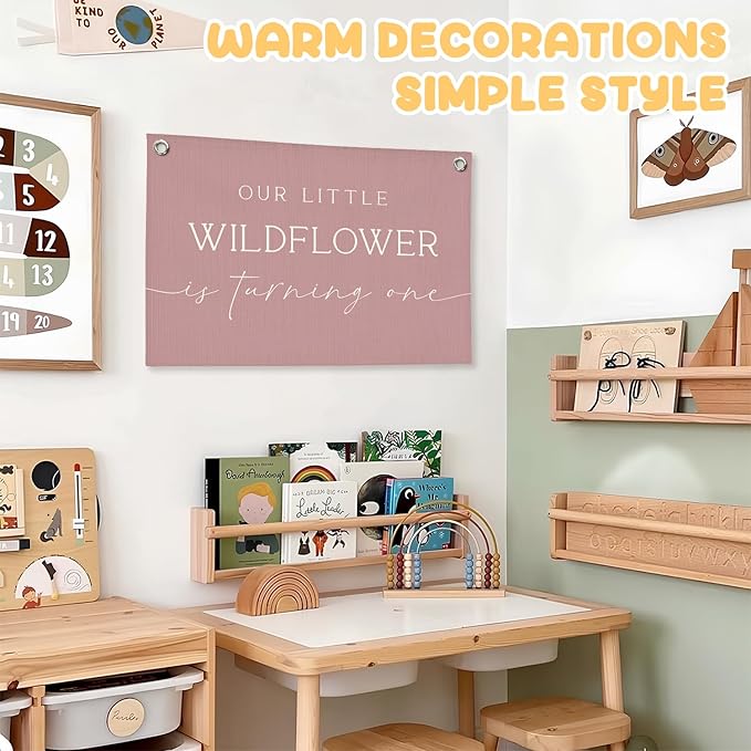 Girl Nursery Decor, Wildflower Nursery Wall Hanging Canvas Banner, Our Little Wildflower Is Turning One Pink Wall Art Decor for Little Girls Toddler Room Bedroom Playroom, 30x20 Inch