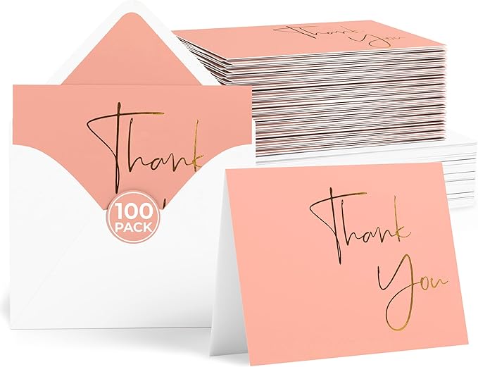 VNS Creations Gold Foil Thank You Cards With Envelopes Bulk Set & Stickers - 100 Pack 4x6 Blank Thank You Notes Box Set - Large Note Card Small Business, Wedding, Baby Shower & Bridal Shower - Peach