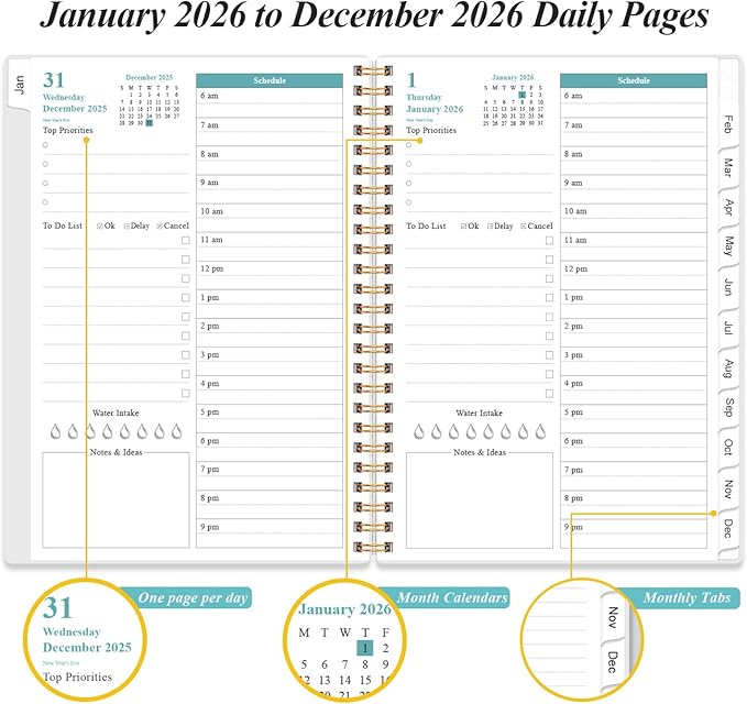 2026 Daily & Monthly Planner - One Page Per Day, Daily Planner from January 2026 to December 2026, Planner 2026 with 12 Monthly Tabs, 6.4" x 8.5", Rose Flower