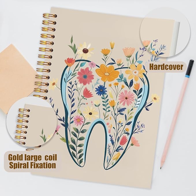 WUCHJ Dentist Gifts Notebook Journal, Dental Assistant Office Gifts for Women, Brown Floral Tooth Dental Spiral Notebook Journal for Note Taking, Dentist Office Supplies, 5.5x8.3 Inch