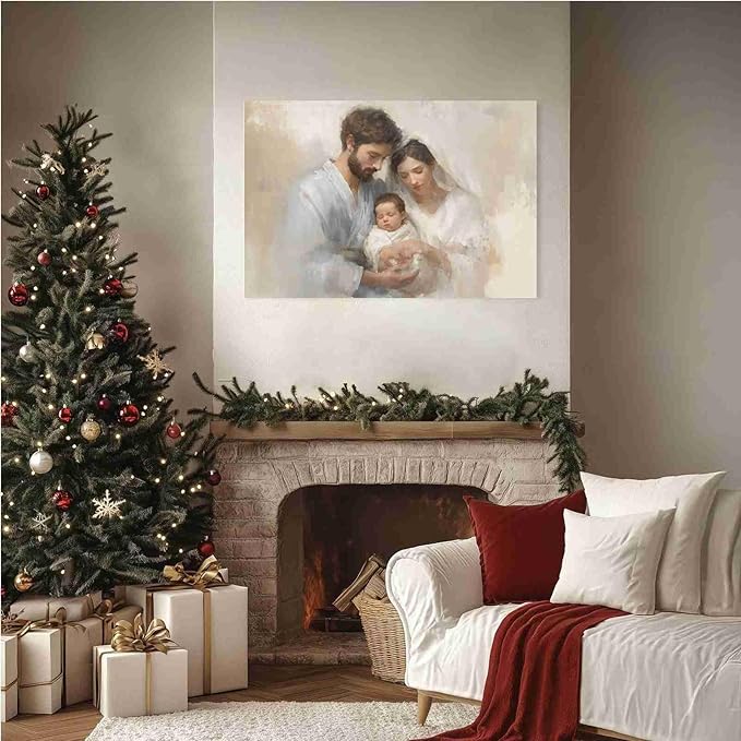 Holy Family Biblical Poster Vintage Christmas Canvas Painting Religious Painting Christian Wall Decor Nativity Scene Print Indoor Decor for Home Church Nursery Offices Living Room Framed Ready to Hang