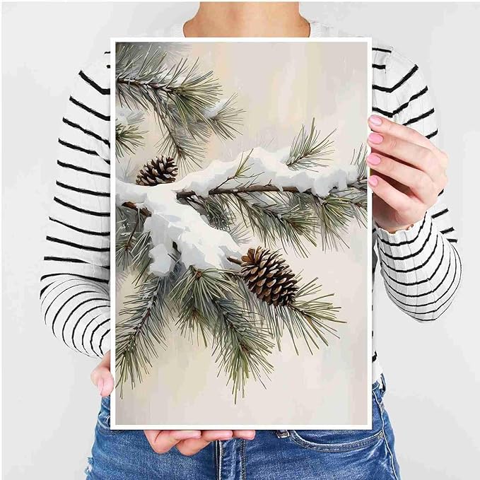 Canvas Wall Art Snowy Fir Branch with Pinecones Vintage Winter Botanical Art Rustic Cottagecore Nature Decor Christmas Wall Print 12x18in-UnFramed