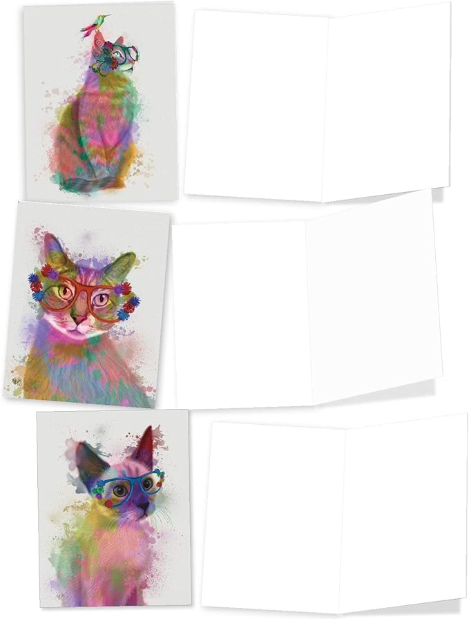 The Best Card Company 20 Assorted Blank Notecards Bulk Box Set 4 x 5.12 Inch with Envelopes (10 Designs, 2 Each) Funky Rainbow Cats AM6199OCB-B2x10