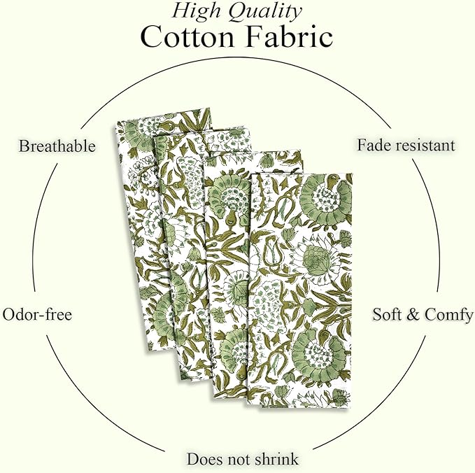 CPC Cloth Napkins 100% Cotton Set of 4 Reusable Napkins, Indian Block Print Toile Floral Dinner Napkin, Fall Thanksgiving Christmas Holiday Party Gift - Soft Absorbent Napkin, 18"x18" Agate Green