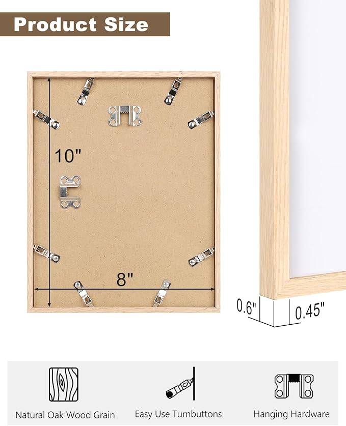 KINLINK 8x10 Frames Natural Oak Wood Frames with Acrylic Plexiglass, 4 Pack