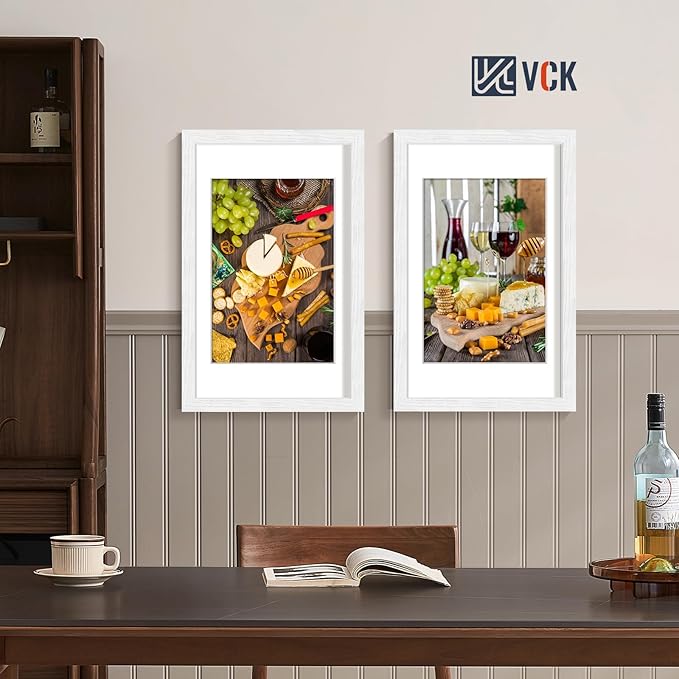 VCK 11x17 Picture Frames White Set of 5, Wide Border Wood, Tempered Glass, Display 8x12 Photo with Mat or 11 x 17 without, for Home, Office, Gallery, Woodgrain Series, Wall Hanging