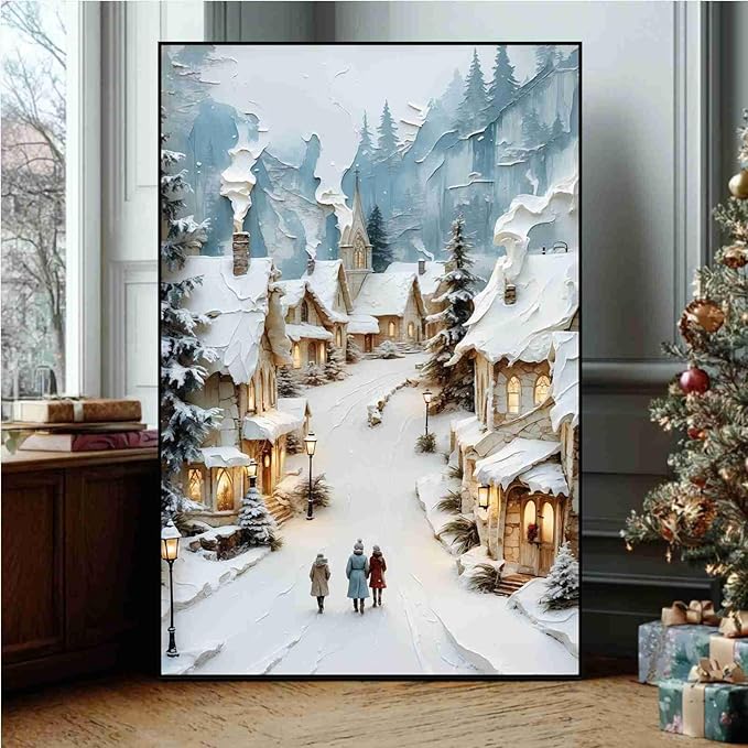 Christmas Winter Painting Snowy Village Street Festive Landscape Print Holiday Church Wall Decor Winter Cottagecore Canvas Painting Indoor Decor for Living Room Bedroom Office Framed Ready to Hang
