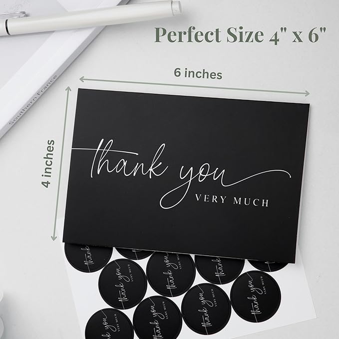 100 Thank You Cards with Envelopes - Bulk Pack Black Thank You Cards 4x6 Inch Minimalistic Design - Suitable for Business, Baby Shower, Wedding, Small Business, Graduation, Bridal Shower, Funeral