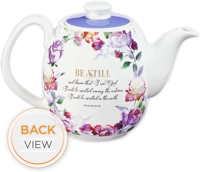 Christian Art Gifts Women's White Ceramic Teapot for One: Be Still and Know - Psalm 46:10 Inspirational Bible Verse, Novelty/Vintage Purple Rose Flower w/Golden Foil for Hot & Cold Liquids, 32 oz.