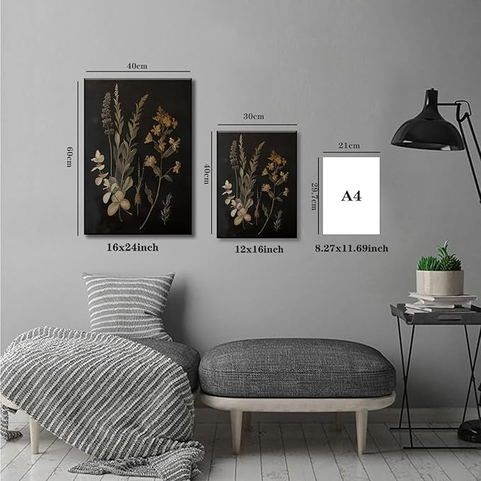 TUEASKY 3 Piece Moody Botanical Canvas Wall Art Vintage Floral Wall Art Boho Dark Flower Decor Black Wildflower Art Prints for Living Room Bedroom16x24in Framed
