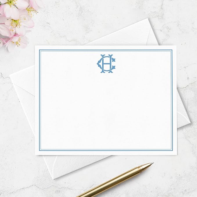 Fairmont & Grove Chic Interlocking 2 Letter Monogram Note Card and Envelope Stationery Set, Classic Monogrammed Personalized Stationary in Choice of Set Size and Colors (Monogram with Double Border)