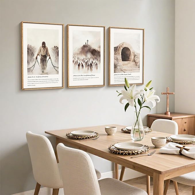 KAIRNE Christian Bible Verse Framed Wall Art Set of 3, Vintage Jesus Crucifixion, Empty Tomb Canvas Prints, Religious Decor for Home Church, Prayer Room, Christian Baptism and Easter Gift - 24x36 Inch