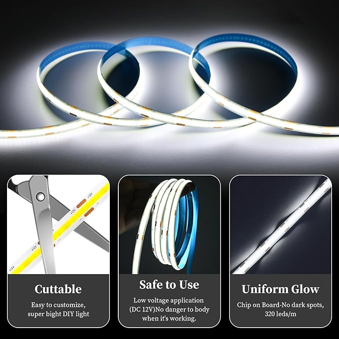 iNextStation 16.4FT 5M White COB LED Strip Light, 6000K Color Temperature White Light Strip, DC12V CRI 93+ Dimmable COB Strip Light, 8mm Width LED Tape Lights, LED Lights for TV Backlight(with Plug)