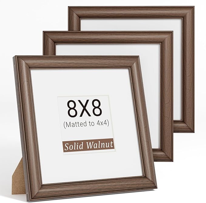 Natural Walnut 8x8 Picture Frames Mat to 4x4 Picture Display Set of 3,Original Wood Handcrafted 8x8 Wooden Photo Frame with Tempered Glass Graduation Family Wedding Pictures Tabletop & Wall Decor