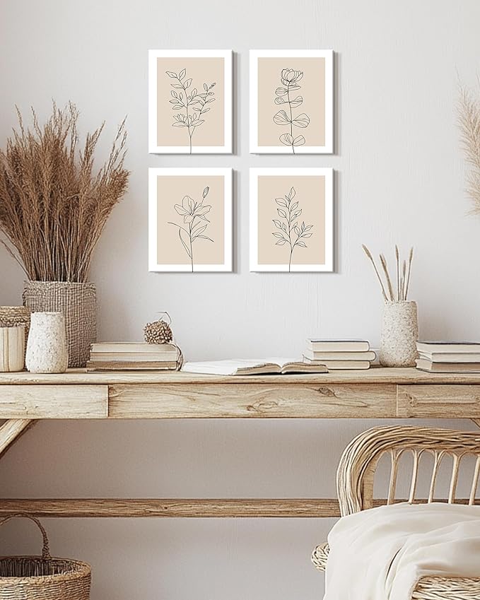 Drsoum Botanical Boho Framed Wall Art Wooded Minimalist Aesthetic Flower Prints Farmhouse Retro Plants Rustic Bathroom Kitchen Home Decor Ready to Hang 8x10inx4pcs (Framed)