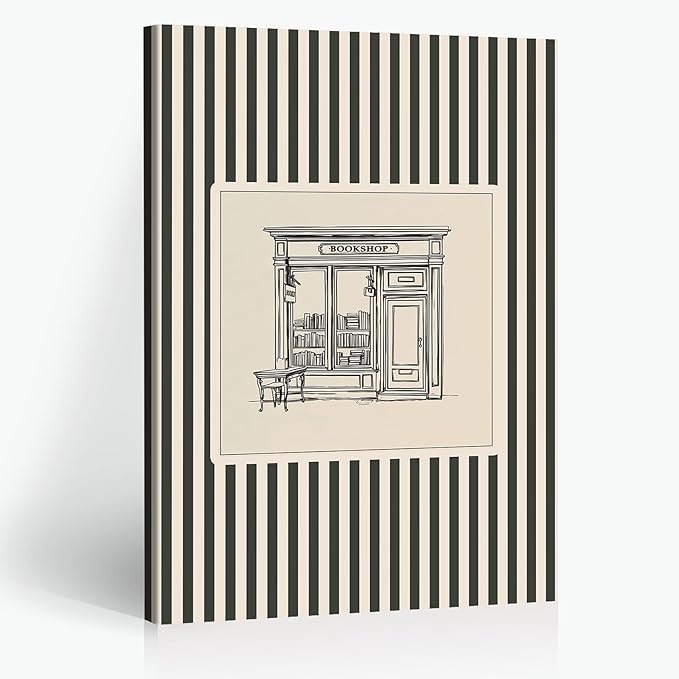 Vintage Bookshop Poster Elegant Black Ink Bookstore Sketch on Cream Striped Wall Art for Booker Lovers Aesthetic Room Decor Prints 16X24 in Unframed