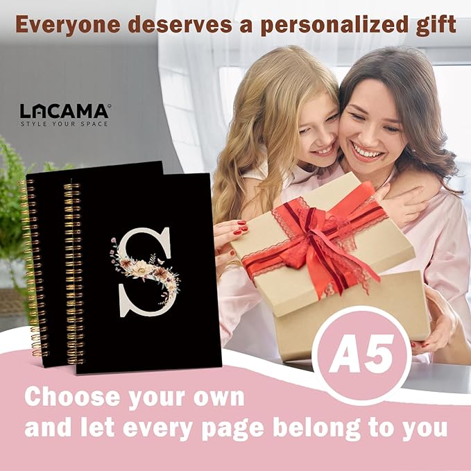 Lacama Black Initial Letter S School Notebook Journal, Cute Wildflower Personalized Spiral Notebook, School Supplies, Customized Monogrammed Gifts, Birthday Gifts for Women, Office Supplies