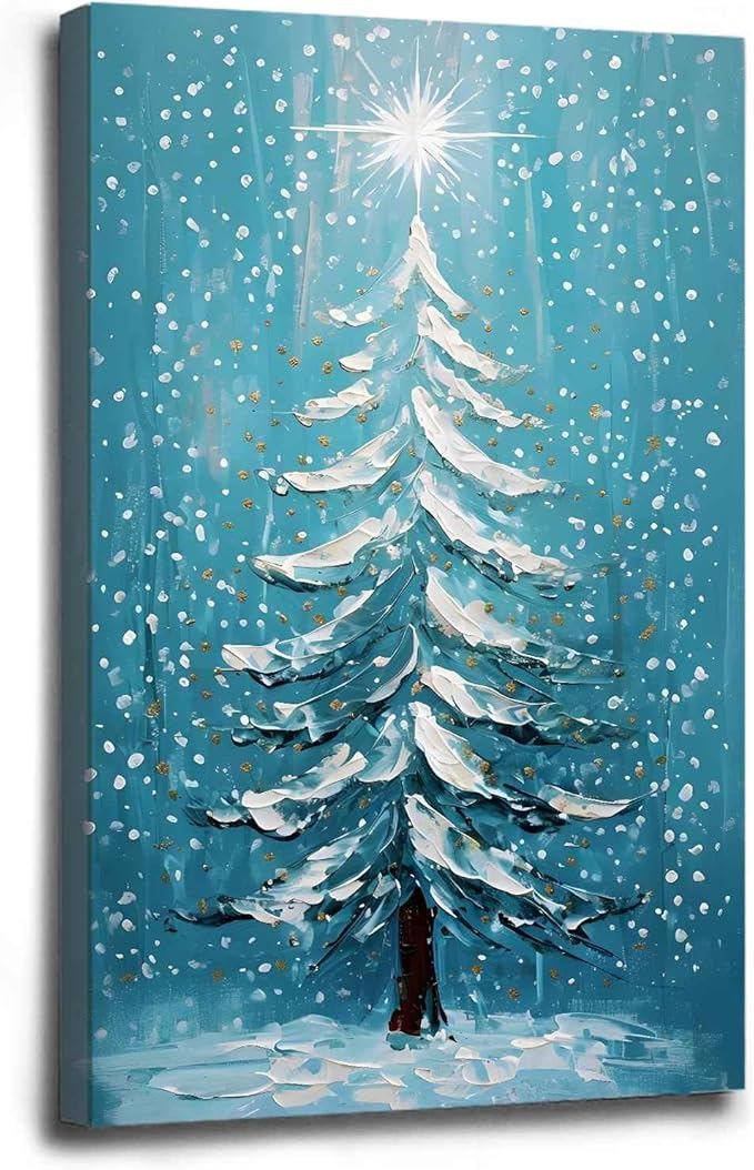 Framed Canvas Wall Art Blue Christmas Tree Print Merry Christmas Wall Decor Holiday Nature Gift Holiday Poster 8x12in Wood Framed