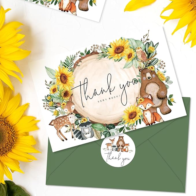 JarThenaAMCS 50 Pack Woodland Sunflower Thank You Cards Greenery Forest Animal Greeting Cards with Envelopes Stickers Blank Note Card for Birthday Baby Shower, 4 x 6 Inch