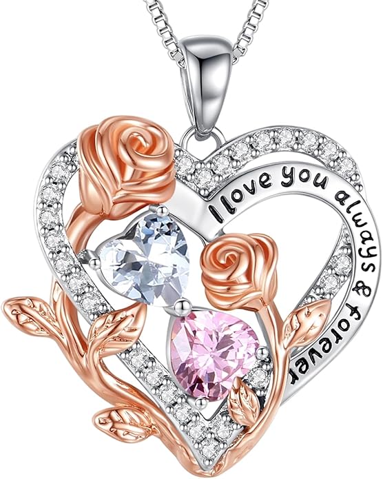 I Love You Birthstone Necklace, 925 Sterling Silver Heart Pendant with CZ Diamond Stones, Birthday Gifts for Women, Romantic Gift for Wife, Girlfriend, Her, Anniversary, Valentine's Day, Christmas