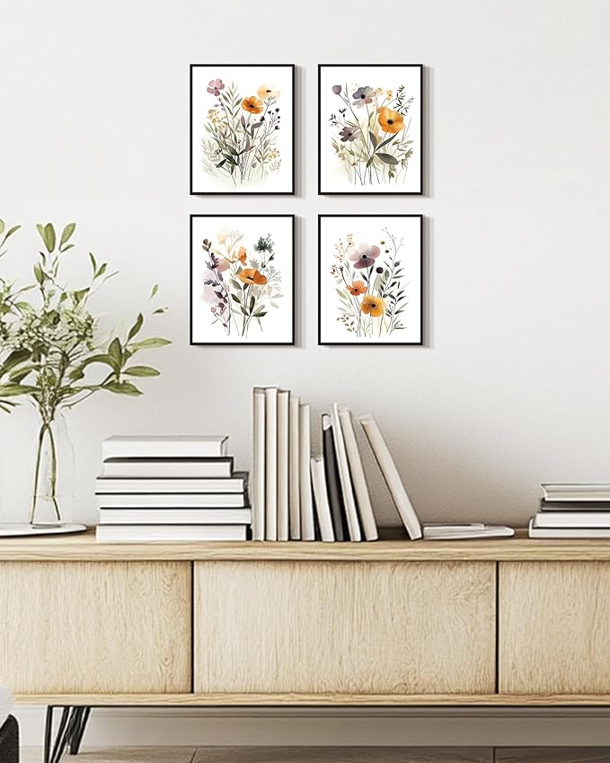 Drsoum Wildflower Bouquet Boho Framed Wall Art Wooded Minimalist Aesthetic Botanical Flower Prints Modern Plants Bathroom Kitchen Home Decor Ready to Hang 8x10inx4pcs (Black Framed)