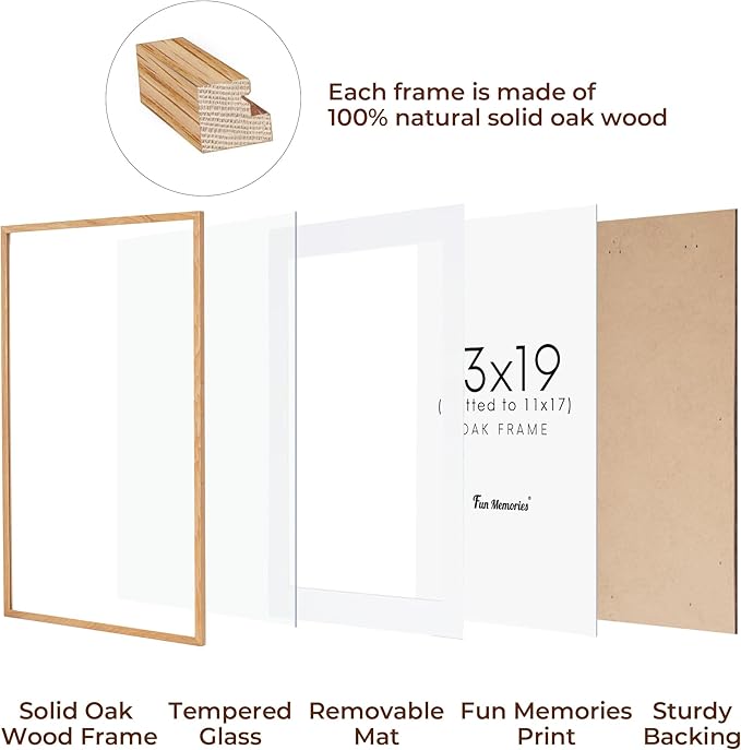 13x19 Picture Frame, Solid Oak Wood Frame 13 x 19 Frame for Wall, 13"x19" Photo Frame with Tempered Real Glass, 13x19 Picture Frame Matted to 11x17, Rustic Wooden 13x19 Poster Frame