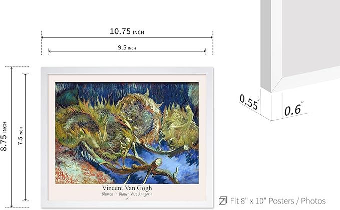 Monem Art Vintage Van Gogh Poster - Retro Blumen in Blauer Vase Anagoria Print - Sunflower Art - Impressionism Art - Fine Art - Classic Painting Art - Bedroom Wall Decor - 8x10 White Framed