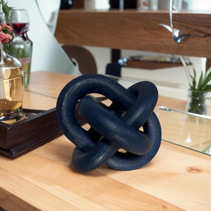 Wood Knot Chain Link Decor - 3 Link Boho Wooden Hand Carved Decorative Wooden Links Knots for Coffee Table Entryway Modern Farmhouse Shelf Decoration (Navy Blue)