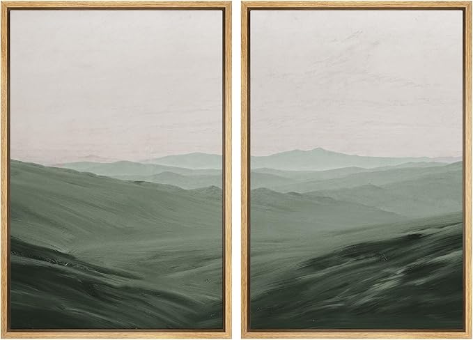 SIGNWIN Framed Canvas Print Wall Art Set Watercolor Green Mountain Valley View Nature Wilderness Illustrations Fine Art Farmhouse/Country for Living Room, Bedroom, Office - 16"x24"x2 Natural