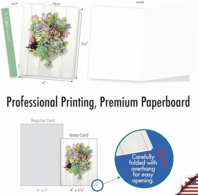 The Best Card Company - 10 Blank Note Cards with Envelopes (4 x 5.12 Inch) - Bulk All Occasion Cards Boxed - Shiplap Succulents AM6438OCB-B1x10